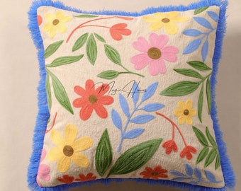 Floral Needle Punch Multicolor Pillow Case, Abstract Floral Cushion Case, Cute Flower Cushion Cover, Embroidered Throw Pillow Gift