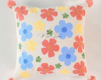 Poppy Flower Embroidered Pillow Cover, Needle Punch Cushion Case, Bohemian Throw Cushion, Abstract Throw Pillow Case Gift