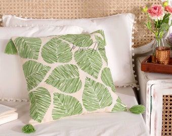 Big Green Leaves Embroidered Pillow Cover, Artisan Cushion Case, Bohemian Throw Cushion, Abstract Throw Pillow Cover Gift