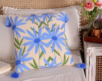 Blue Wild Flower Embroidered Pillow Cover, Handmade Embroidered Cushion Case, Bohemian Throw Cushion, Abstract Throw Pillow Cover Gift
