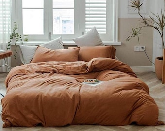 Rust Brown 100% Organic Washed Cotton Bed Sheet set with Pillow Cases Full/Queen Bed Cover Flat/Fitted