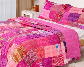 Bohemian Patchwork Kantha Quilt Bedding, Handmade Vintage Quilts Boho King Size Bedding Throw Blanket Bedspread Quilting Pink Hippie Quilts