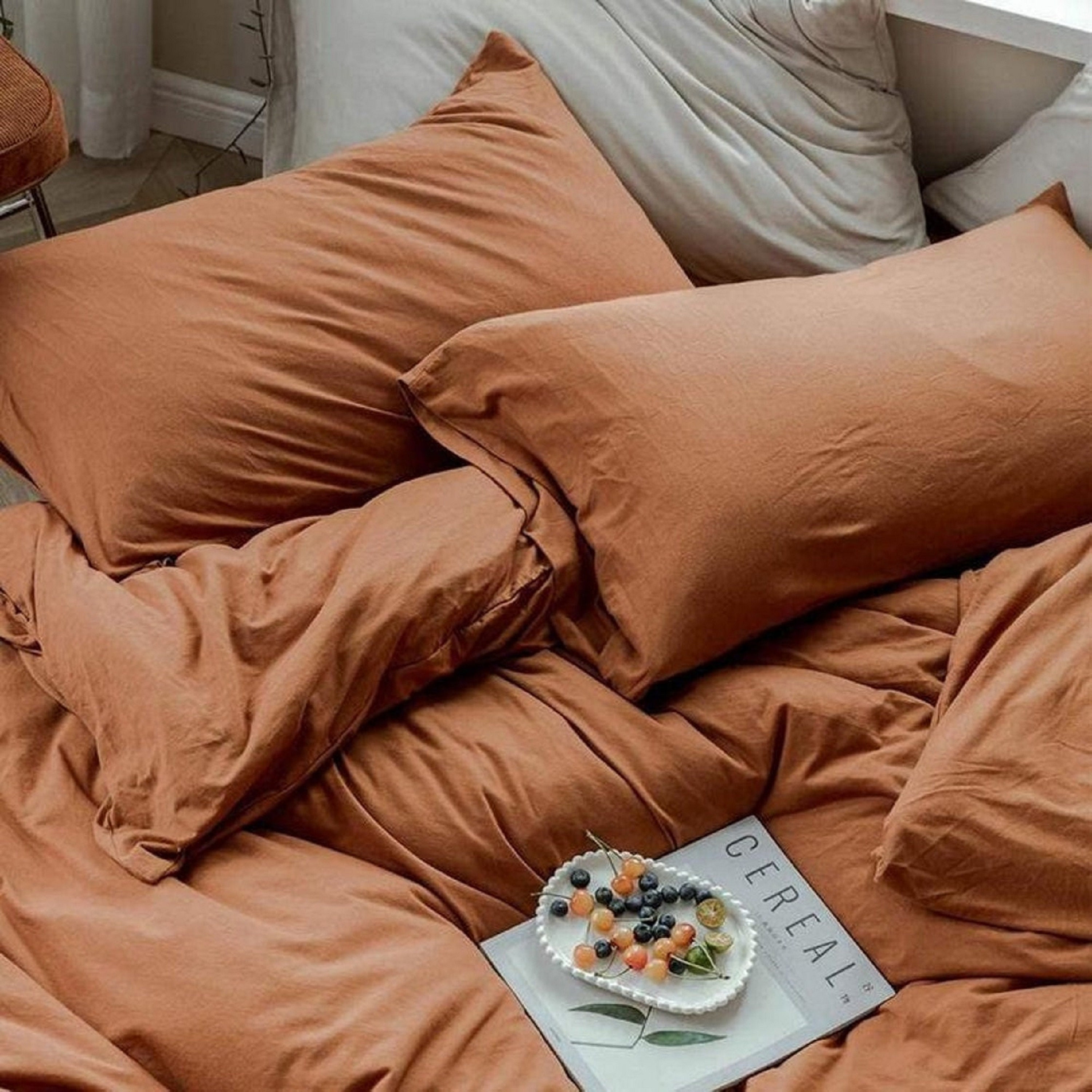 Rust Brown 100 Organic Washed Cotton Bed Sheet Set With Etsy