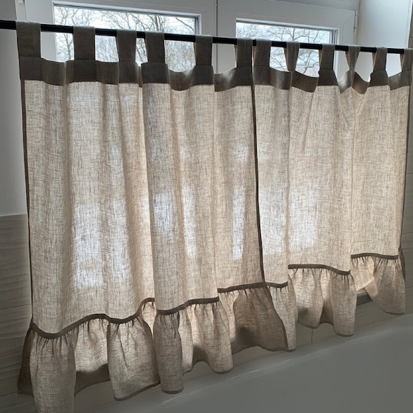 Designer Cafe linen curtains Tab Tie top Rod pocket drapes Bathroom Kitchen Bedroom drapery natural linen / homey style / linen drapes