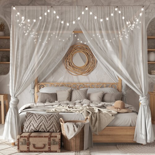 White Linen Gauze Bed Canopy Bed Curtain With Tie Top Linen Etsy