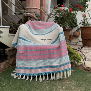 Pink Hand Loomed Mud Cloth Blanket Ethnic Beach Blanket Bohemian Handmade Cotton Throw