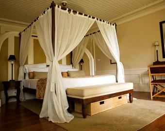 Cortina de cama con dosel de cama de gasa de lino blanco con panel de cortinas de lino con corbata para dosel Mosquito Net panel de lino con dosel cortina de cama personalizada