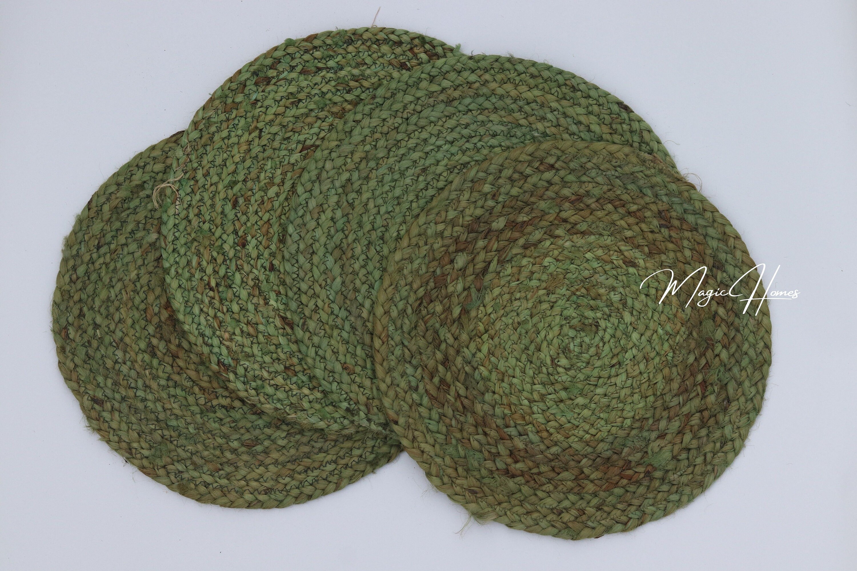 Hand Braided Round Placemats Green Jute Bed Side Table Tea Etsy