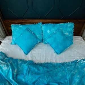 Beautiful Turquoise Bedding Set Twin,Queen,King Duvet,Comforter,Blanket Cover Pom-Pom Edges Luxury Bed Covers Hand Tie Dyed Reversible Cover image 2