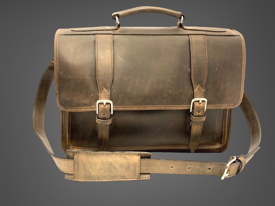 Full Grain Distressed Leather Briefcase Style Double Compartment Etsy