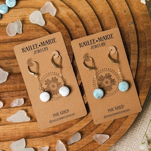 Larimar Gemstone Handmade Earrings with Chain 14k Gold and Sterling Silver