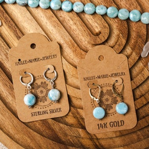 Larimar Gemstone Leverback Handmade Earrings 14k Gold and Sterling Silver