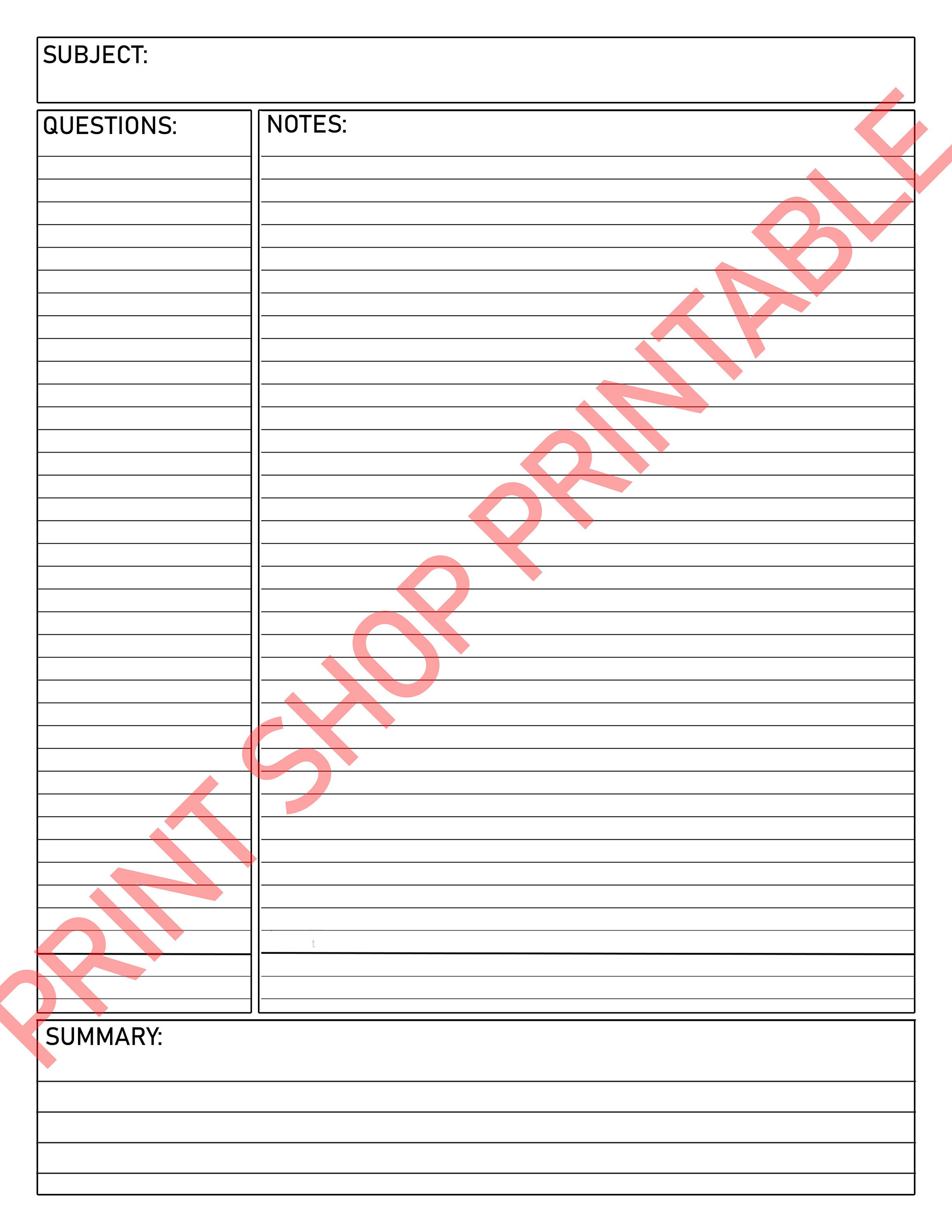 Lined Cornell Style Note Taking Paper