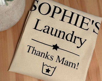 Personalised Laundry Sack - Thanks Mum! - English or Welsh - Drawstring Laundry Bag - Holiday Clothes Washing - University Student Washing