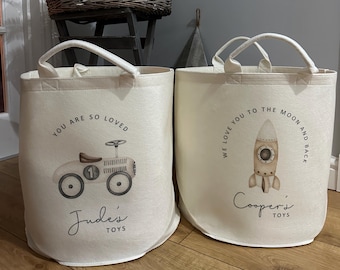 Personalised Toy Storage Basket, New Baby or Baby Shower Gift for Nursery featuring Vintage Car, Rocking Horse, Train or Rocket