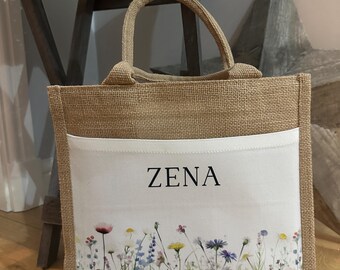 Personalised Wildflower Tote Bag, Custom Jute Bag for Mum, Gift for Friend, Teacher Gift, Floral Name Bag, Birthday Gift for Her, Lunch Bag