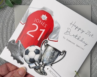 Personalised Football Shirt Birthday Card, Any Age with 64 Colour Choices Custom Name Tag