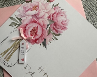 Personalised Happy Retirement Card,  Congratulations Peony Themed Handmade Retirement Card, Larger Sizes Available