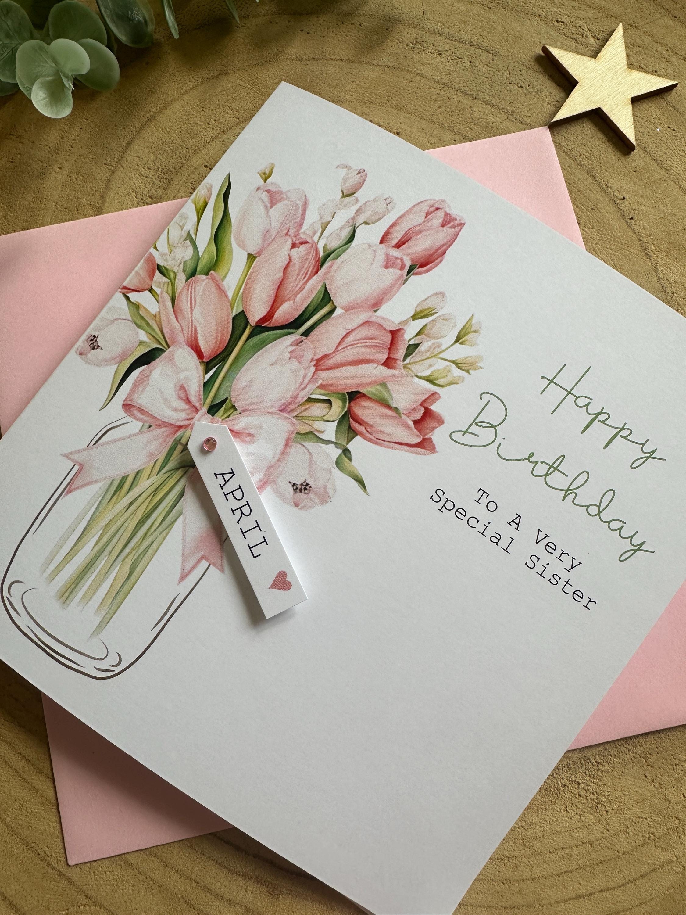 Personalised Happy Birthday Card, Tulip Handmade Card, Birthday Gift For Her, Card for Mum, Sister, Auntie, Daughter, Customised Name Tag