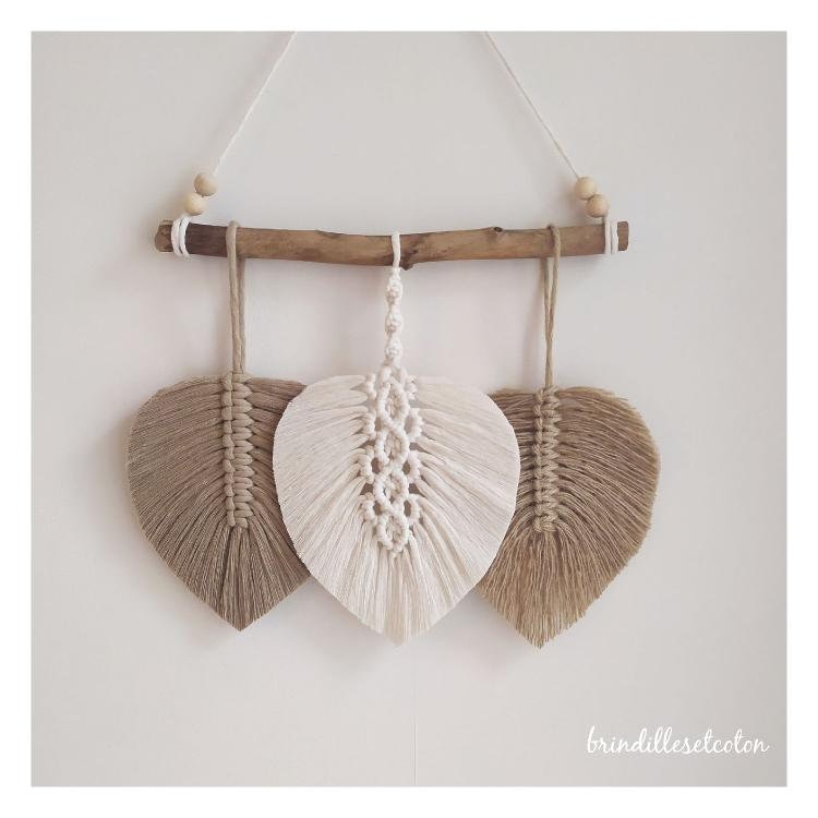 Tenture 3 Plumes Macramé, Suspension Pour Décoration Murale