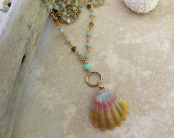 Tiny Pink Opal Gems with Mottled Kauai Puka Shell Necklace
