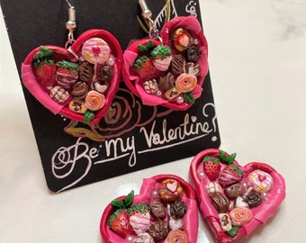 Valentine's Day Polymer Clay Earrings: Miniature Chocolate Box Statement Jewelry