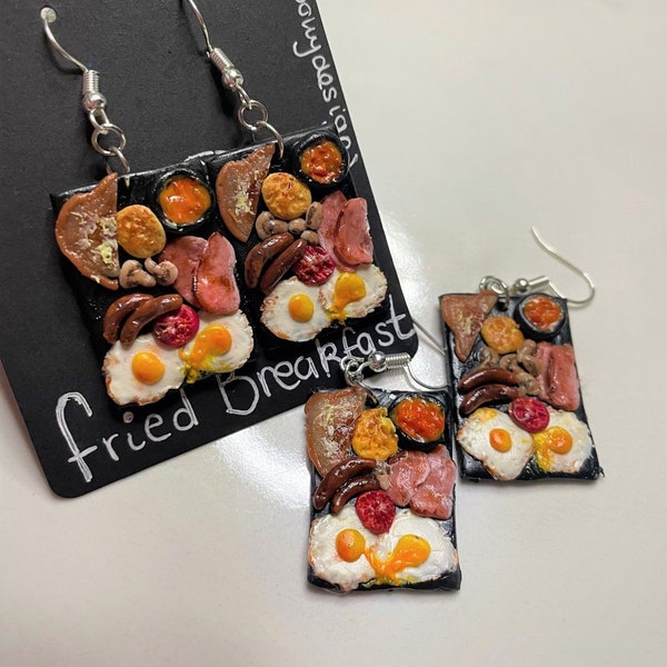 Polymer Clay Earrings // Fried Breakfast // Statement Earrings // food earrings // fry up //English breakfast // Miniature food // jewellery