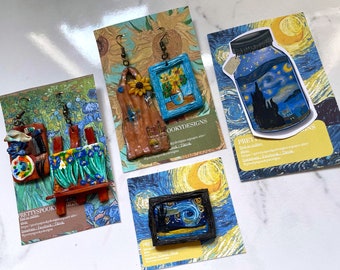 Handgefertigte Kunst-Liebhaber-Geschenkbox: Polymer Clay-Ohrringe, Pins & Vinyl-Aufkleber