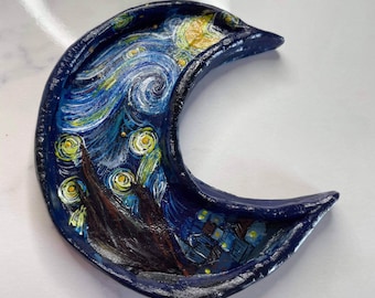 Starry Night Trinket Dish // Van Gogh inspired // ring dish // jewellery storage // moon // clay