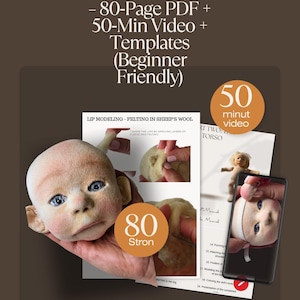 Könnte beinhalten: Ein Tutorial zum Modellieren eines Waldorf-Puppengesichts, einschließlich eines 80-seitigen PDFs, eines 50-Minuten-Videos und Vorlagen. Das Bild zeigt ein Puppengesicht, Tutorial-Seiten und ein Smartphone, das das Puppengesicht anzeigt.