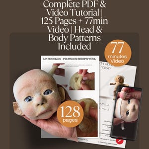 May include: A Waldorf doll making course with a complete PDF and video tutorial. The course includes 125 pages, 77 minutes of video, and head and body patterns. The image shows a doll head, tutorial pages, and a smartphone displaying a doll.