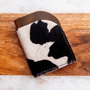 Portefeuille fin en cuir avec poils Crazy Horse | Porte-cartes en cuir | 3e anniversaire de mariage | Cadeau pour papa petit ami mari