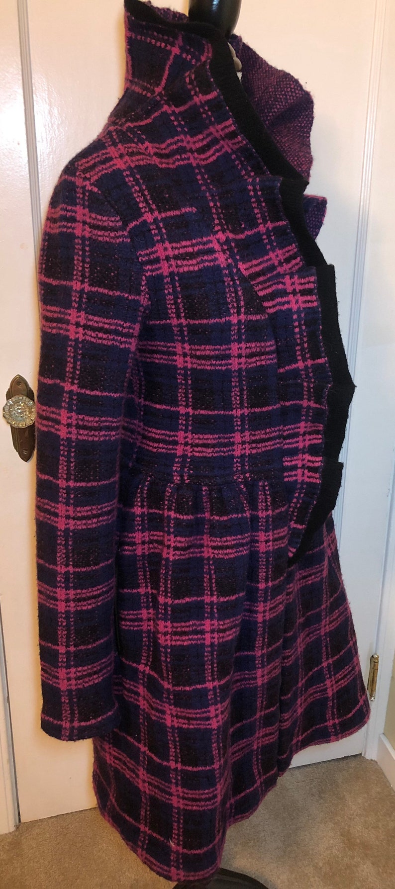 Vintage Betsey Johnson Collection Pink and Navy Tartan Plaid Ruffle Jacket Coat Size Medium
