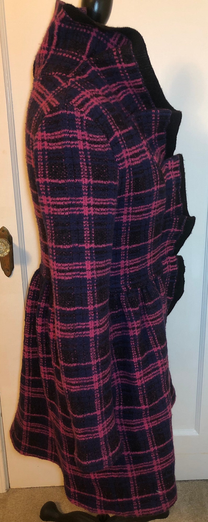 Vintage Betsey Johnson Collection Pink and Navy Tartan Plaid Ruffle Jacket Coat Size Medium