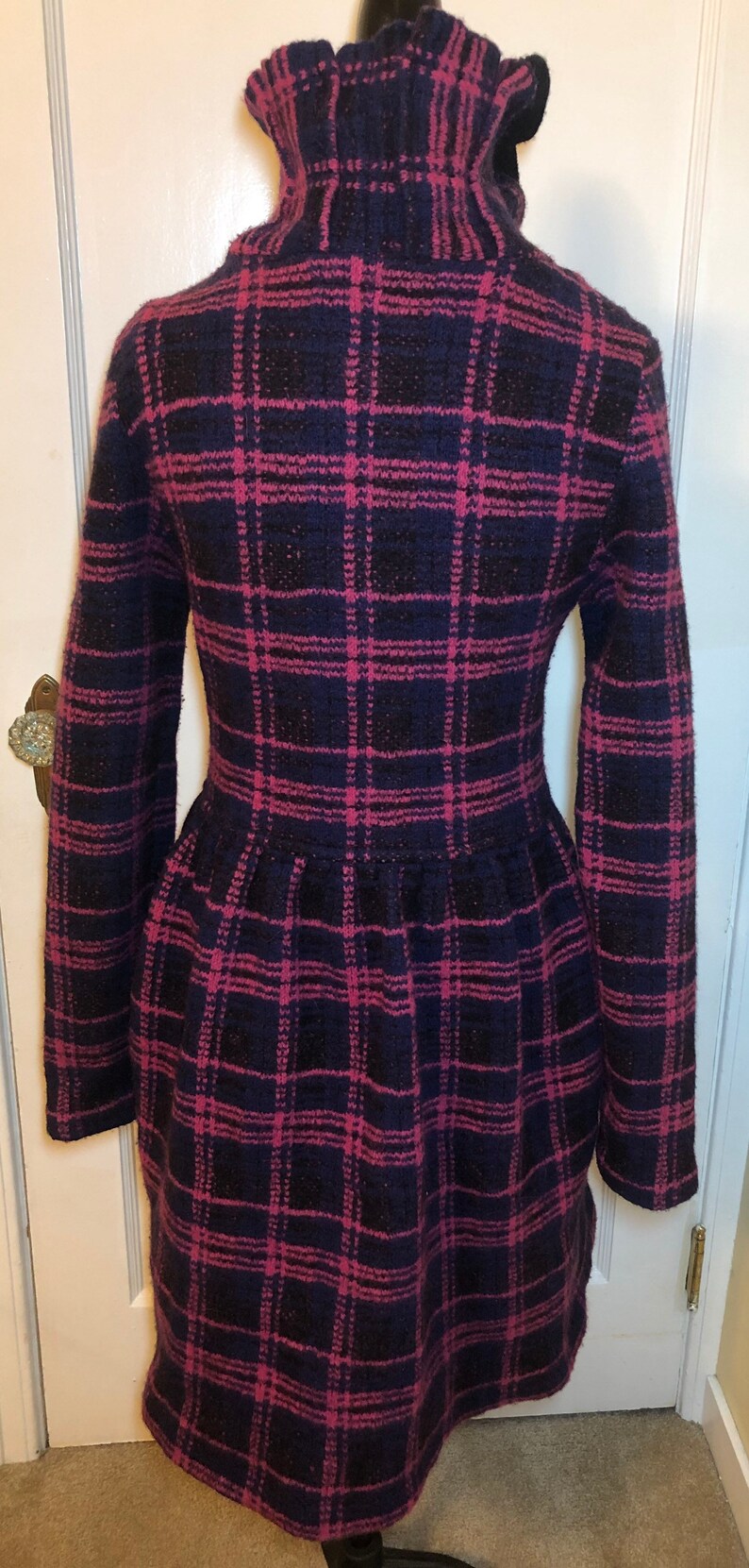 Vintage Betsey Johnson Collection Pink and Navy Tartan Plaid Ruffle Jacket Coat Size Medium