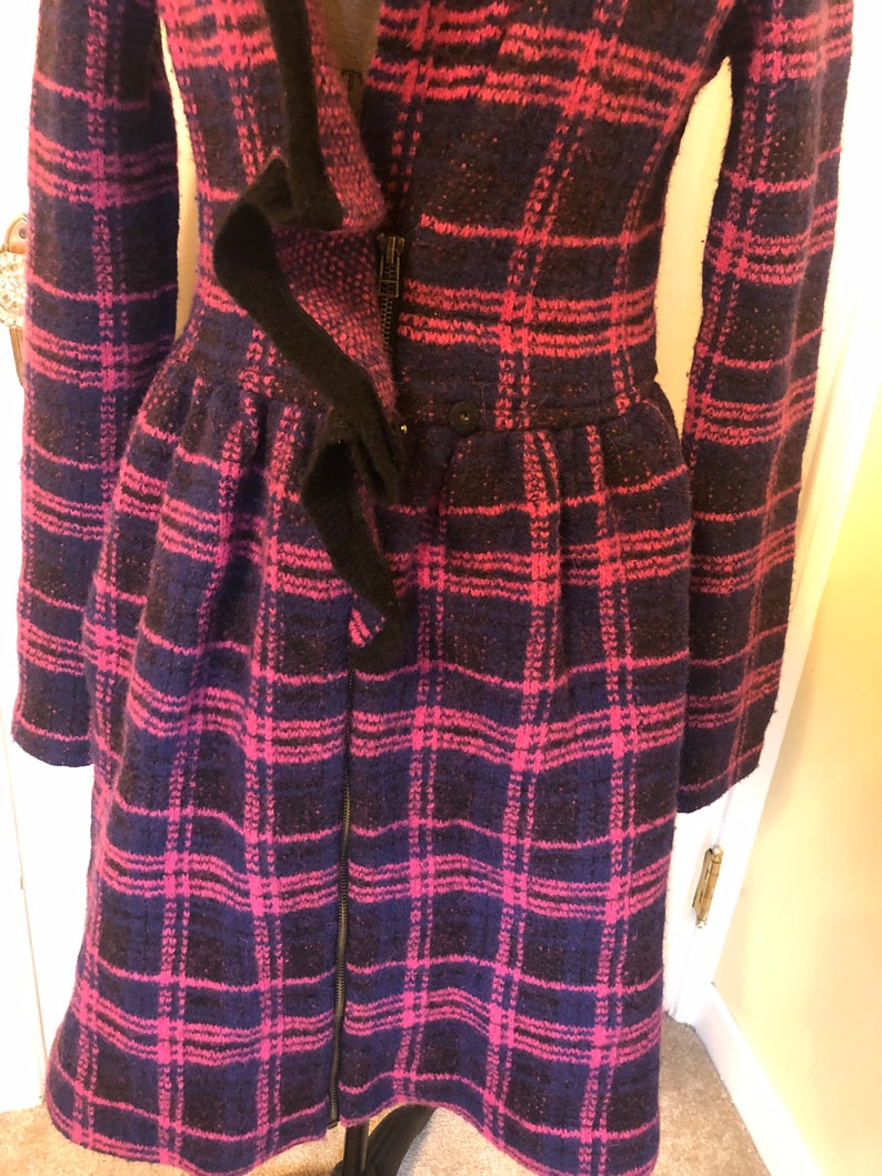 Vintage Betsey Johnson Collection Pink and Navy Tartan Plaid Ruffle Jacket Coat Size Medium