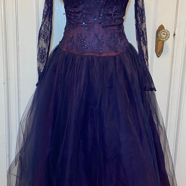 Vintage 1980s Scott Mcclintock Midi Purple Sequins Tulle Dress Size 6