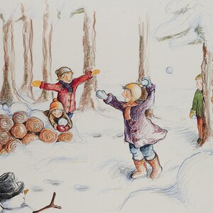 Karte "Schneeballschlacht", Kunstkarte, Postkarte, illustrierte Karte, Kinder im Schnee