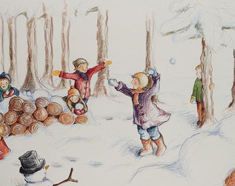 Karte "Schneeballschlacht", Kunstkarte, Postkarte, illustrierte Karte, Kinder im Schnee