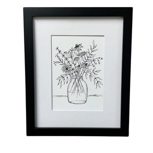 Pen and Ink Wall Art Wildflower Original Drawing 5 x 7 Minimalistic Wildflowers in Vase Includes 8 x 10 White Mat Pen and Ink Wall Decor