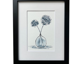 Blue Pen and Ink Indigo Drawing 5 x 7 Wall Art Flowers in Vase Minimalistic Original French Country Art Includes 8 x 10 Mat for 5 x 7 Art