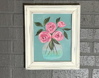 Wall Art Flower Painting Original Acrylic on Paper Pink Roses in Glass Vase Flowers Blue Background Includes 11 x 14 Mat for 8 x 10 Painting