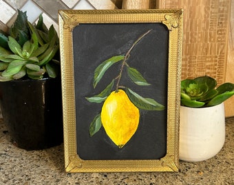 Original Lemon Painting 5 x 7 Kitchen Art Acrylic on Paper Includes 8 x 10 White Mat for 5 x 7 Painting Moody Lemon Shelf Sitter