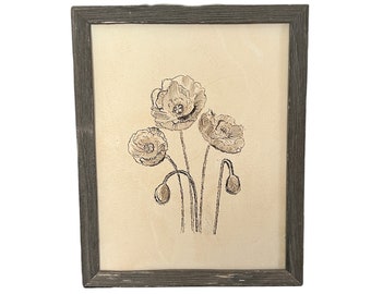 Wall Art Pen and Ink Drawing Poppies Botanical Flowers Original Brown Ink Coffee Dyed Paper Botanical Drawing