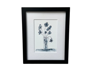 Wall Art Blue Pen and Ink Indigo Drawing 5 x 7 Flowers in Vase Minimalistic Original French Country Art Includes 8 x 10 Mat for 5 x 7 Art