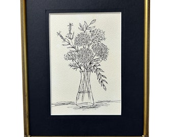 Pen and Ink Wildflower Original Drawing 5 x 7 Wall Art Minimalistic Wildflowers in Vase Cream Background Includes 8 x 10 Mat Pen and Ink Art