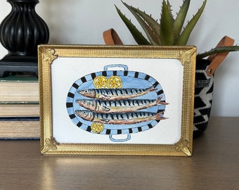 Sardines on a Plate Watercolor Painting 7 x 5 Original Wall Decor Shelf Sitter Mantel Table Desk Bookcase Home Decor Includes Mat Farmhouse