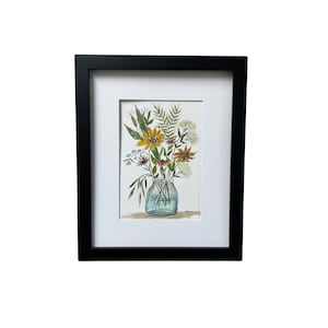 Wildflower Painting Watercolor and Ink 5 x 7 Wildflowers in a Vase Includes 8 x 10 White Mat Pen and Ink Painting Spring Decor Gift Idea