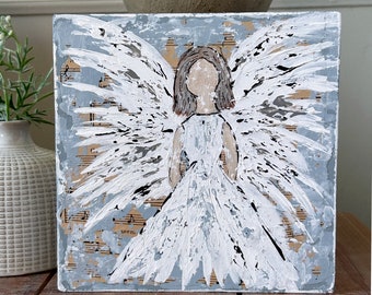 Angel Painting Original Abstract Art 6 x 6 Wood Panel Textured Palette Knife Religious Painting Angel Art Farmhouse Sheet Music Angel Decor