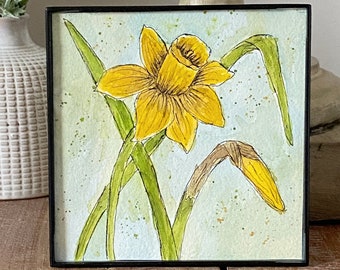 Daffodil Painting 4 x 4 Original Watercolor Yellow Spring Flowers Includes Black Frame Tiered Tray Mantel Bookshelf Decor Shelf Sitter